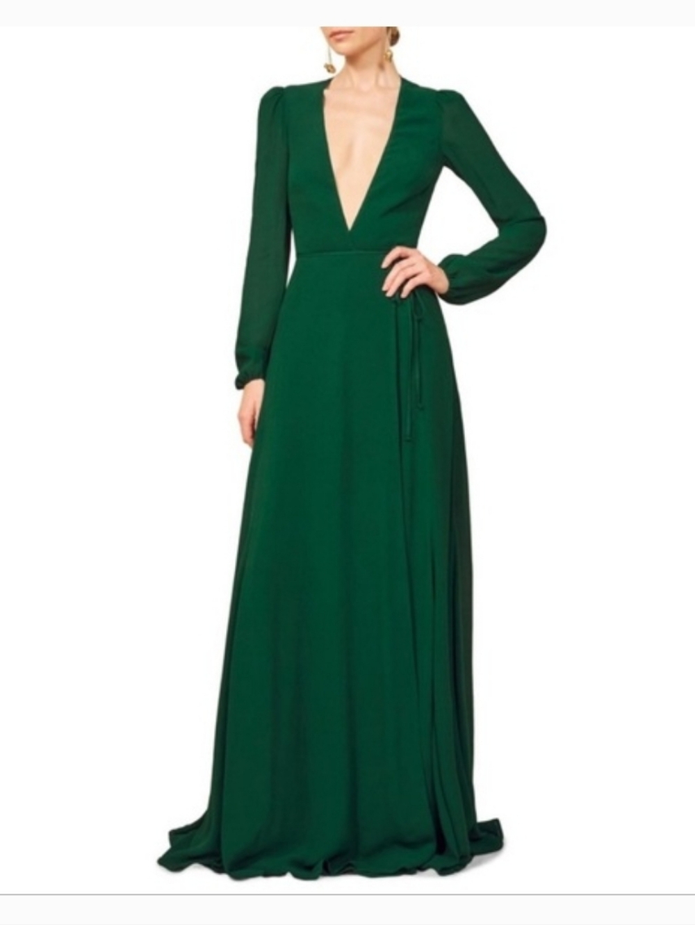 Reformation Milan Wrap Maxi Dress Size S Green Chiffon Long Sleeve Deep